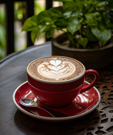 Coffee in red cup on wooden table with green plant.の素材