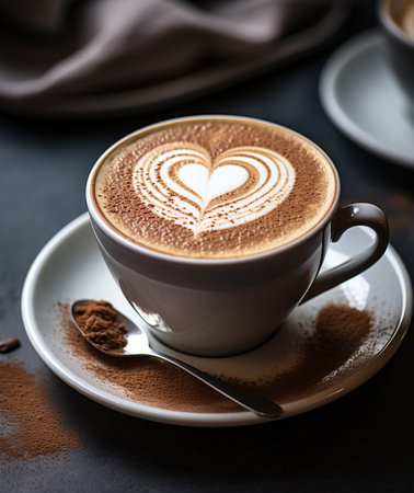 Cup of cappuccino with latte art on dark backgroundの素材