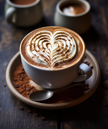 Cup of cappuccino with latte art on wooden tableの素材