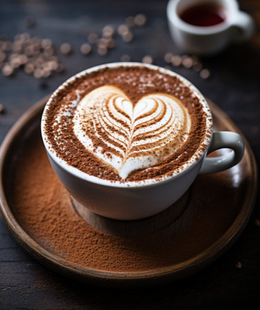 Cup of coffee with heart shape latte art on wooden backgroundの素材