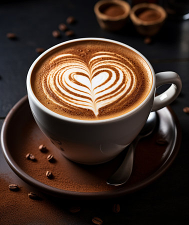 Cup of cappuccino with latte art on dark backgroundの素材