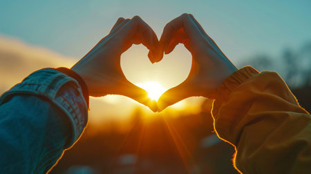 Woman hands in the shape of a heart on the background of the setting sunの素材