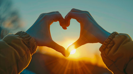 Woman hands in the shape of a heart on the background of the sunsetの素材
