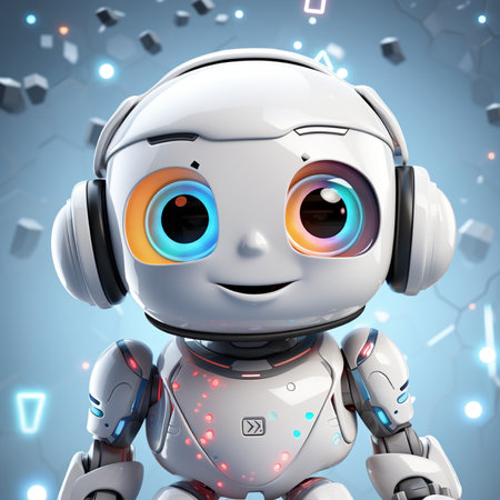 Cute robot listening to music with headphones. 3d illustration.の素材
