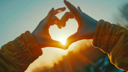 Female hands in the shape of a heart on the background of the setting sun.の素材