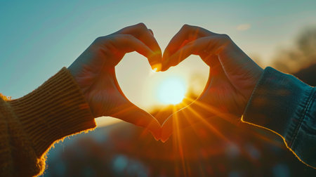 Young couple making a heart shape with their hands on the sunset backgroundの素材