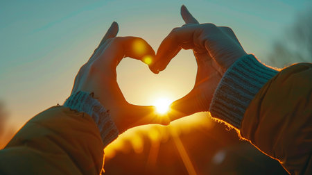 Hands in the form of a heart on the background of the setting sunの素材