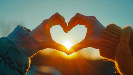 Hands in the shape of a heart on the background of the setting sunの素材