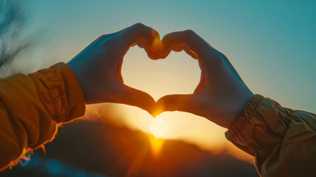 Woman making a heart shape with her hands on the sunset background.の素材