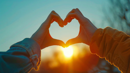 Hands in the form of a heart on the background of the setting sunの素材