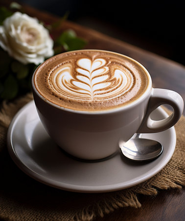 Cup of coffee with latte art on wooden table background.の素材