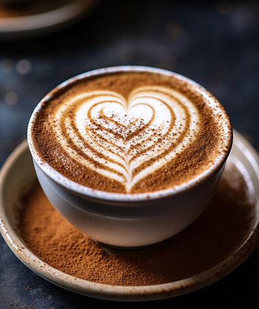 Cup of cappuccino with heart shape on dark backgroundの素材