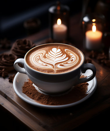 Cup of coffee with latte art on wooden table with candlesの素材