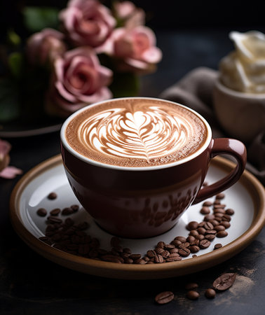 Cup of coffee with latte art on dark background, selective focusの素材