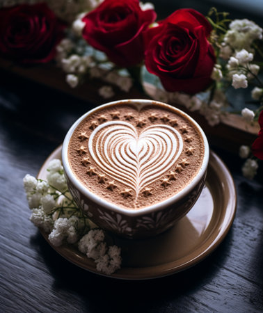 Cup of coffee with heart shape latte art on wooden tableの素材