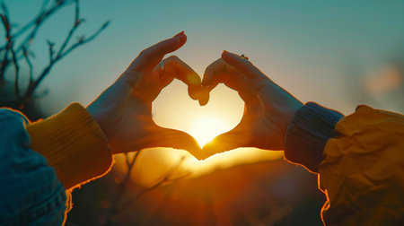 Woman hands in the shape of a heart on the background of sunsetの素材