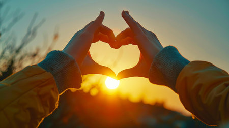 Hands in the shape of a heart on a sunset background.の素材