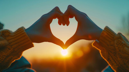 Two women hands making a heart shape with their fingers on sunset backgroundの素材