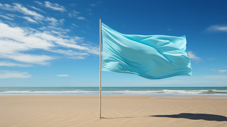 Waving blue flag on sandy beach with turquoise sea and sky backgroundの素材
