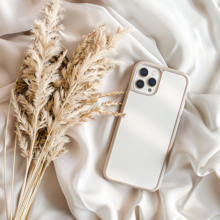 Smartphone with blank screen and dried flowers on silk background. Flat lay, top view.の素材