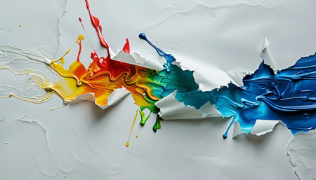 colorful paint splashes on white paper background. creative photo.の素材