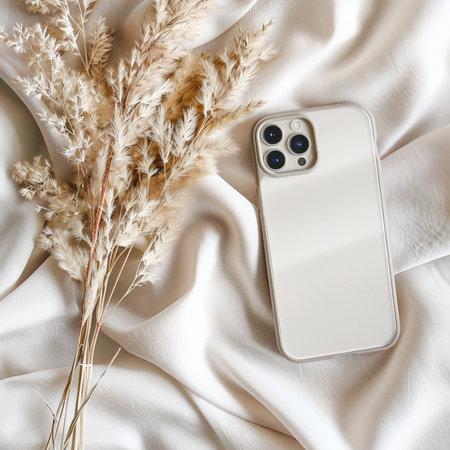 Smartphone with blank screen and dry pampas grass on white fabric backgroundの素材