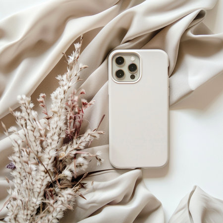 Smartphone with blank screen and dried flowers on white silk background. Flat lay, top view.の素材