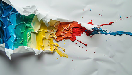 Colorful paint splashing on white paper with copy space for textの素材