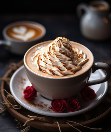 Coffee cappuccino with whipped cream and red rosesの素材