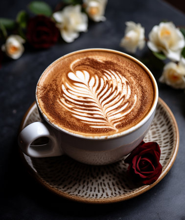 Cup of coffee latte art on dark background with flowers.の素材