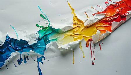 Colored splashes of paint on a white sheet of paper.の素材