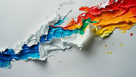 Abstract colorful paint splashes on white background. Top view of colorful paint splashes.の素材
