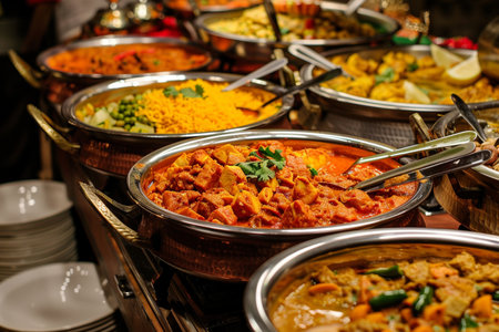 Variety of Indian food in a restaurant. Selective focus.の素材