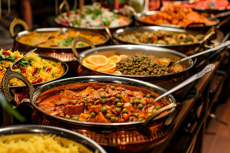 catering buffet food indoor in luxury restaurant with meat and vegetablesの素材