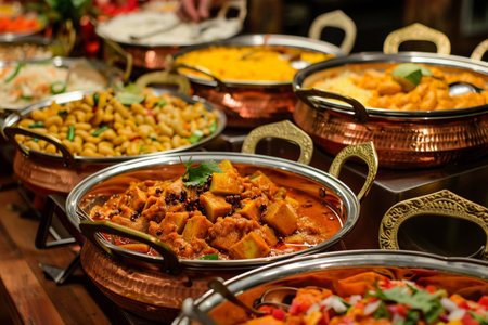 Delicious Indian food in copper dishes on the counter of a restaurantの素材