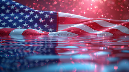 American flag with reflection on the water surface. 3D illustration.の素材