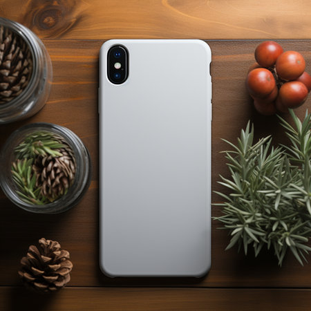 Smartphone mockup with blank screen on wooden table. Top viewの素材