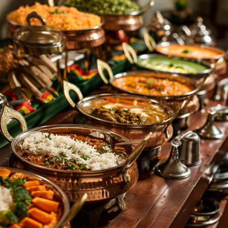Indian food on display at a restaurant in India. Vegetables, meat and spicesの素材