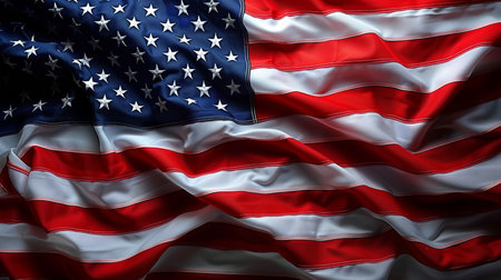 Closeup of rippled American flag, square image with selective focusの素材