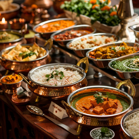 Variety of indian food in brass bowls. Selective focusの素材