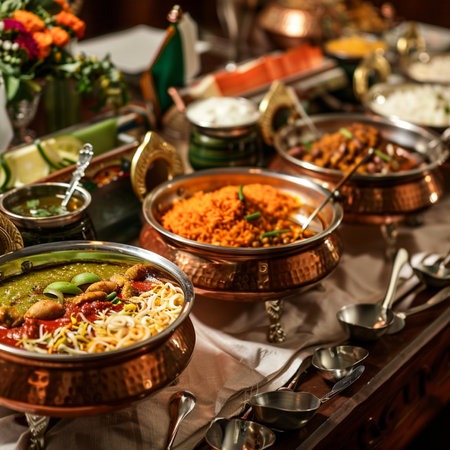 Traditional indian food in copper bowls on wooden table. Selective focus.の素材