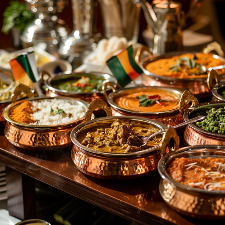 Traditional Indian food in copper bowls on a table in a restaurant.の素材