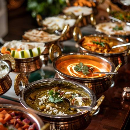 Traditional indian food in copper bowls on table in restaurant. Selective focusの素材