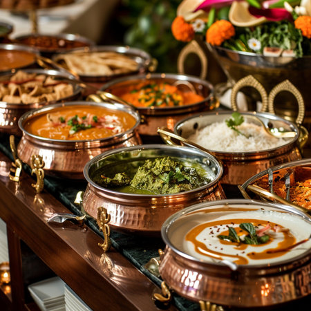 Variety of Indian dishes on display at a restaurant in India.の素材