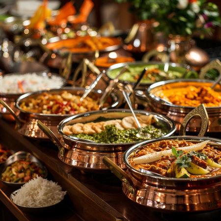 Variety of Indian food in copper bowls. Selective focus.の素材