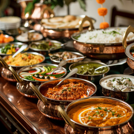 Traditional Indian food in metal bowls on display at a buffet restaurant.の素材
