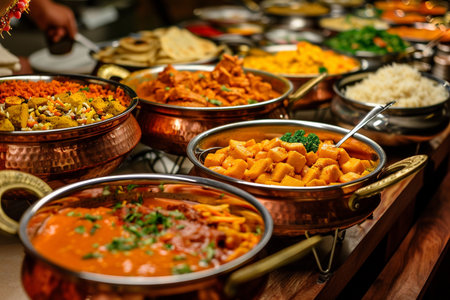 Variety of Indian food in metal bowls on a market stall.の素材