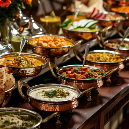 Traditional indian and arabic food on display at a restaurantの素材