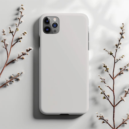 Smartphone mockup with white screen on gray background. 3d renderingの素材