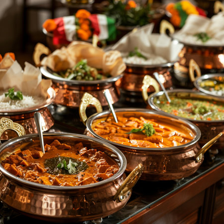 Indian cuisine. Assorted Indian dishes in copper bowls. Selective focusの素材